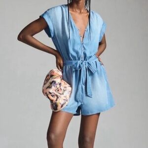 Cloth & Stone Anthropologie Denim Romper Short Sleeve Button Down